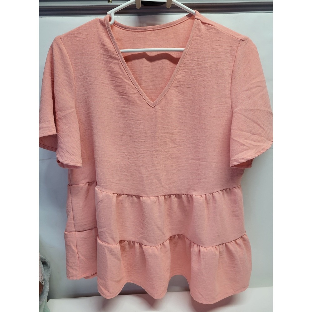 Peach Tiered Peplum V Neck Short Sleeve Women's Top Blouse Casual Chic